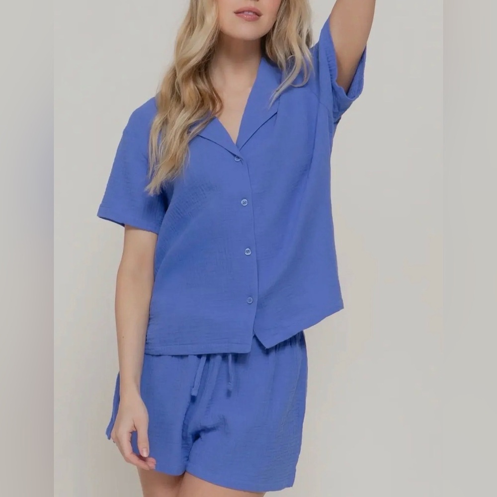 Short Sleeve Resort Collar Shirt & Waistband Shorts Set - Royal
